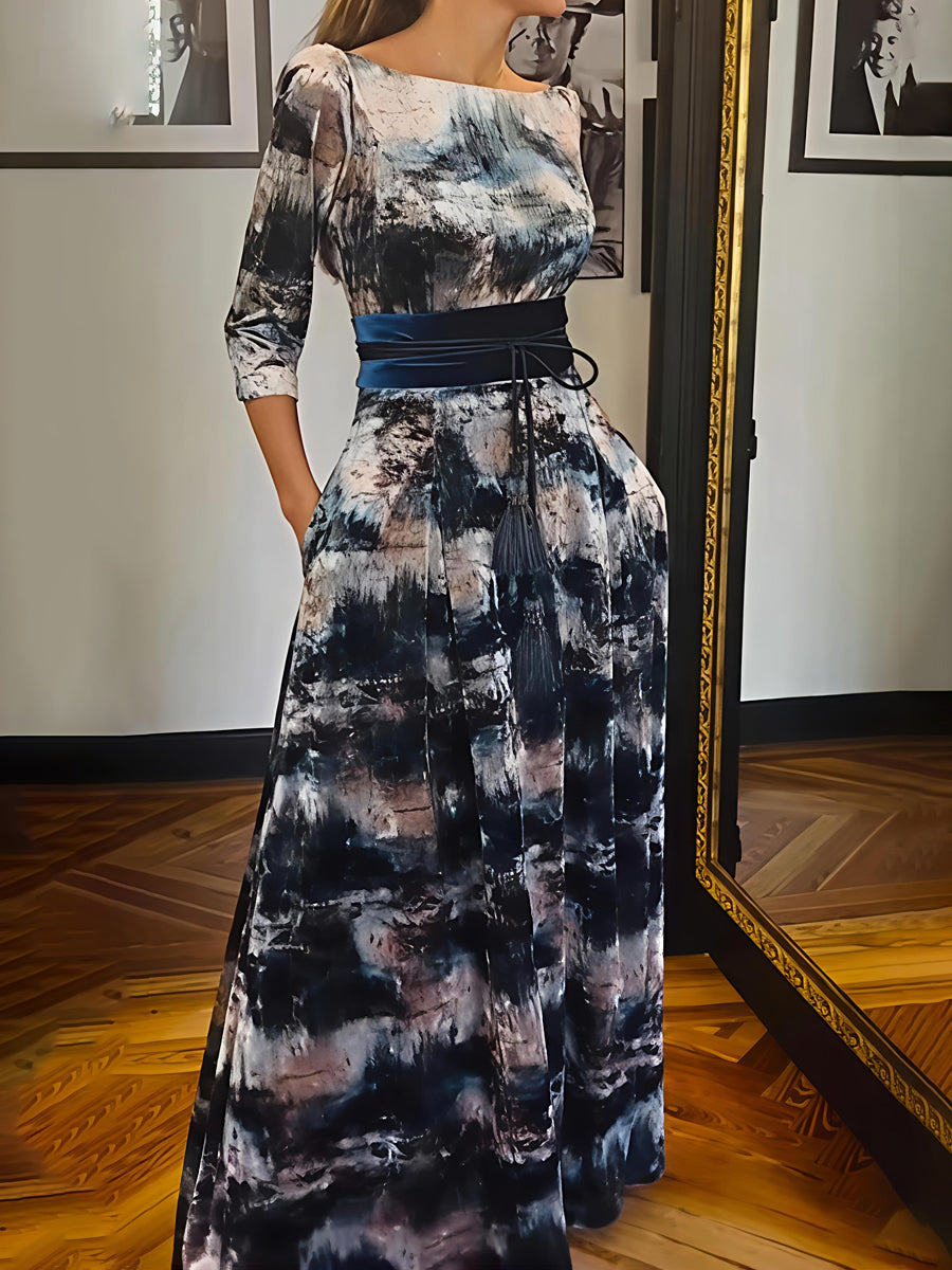 Elegant Printed Belted Long Sleeve Dress