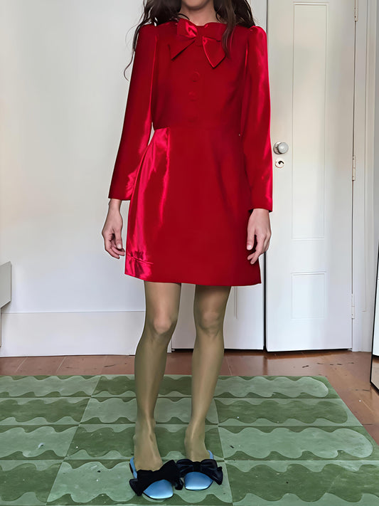 Bow Long Sleeve Velvet Mini Dress