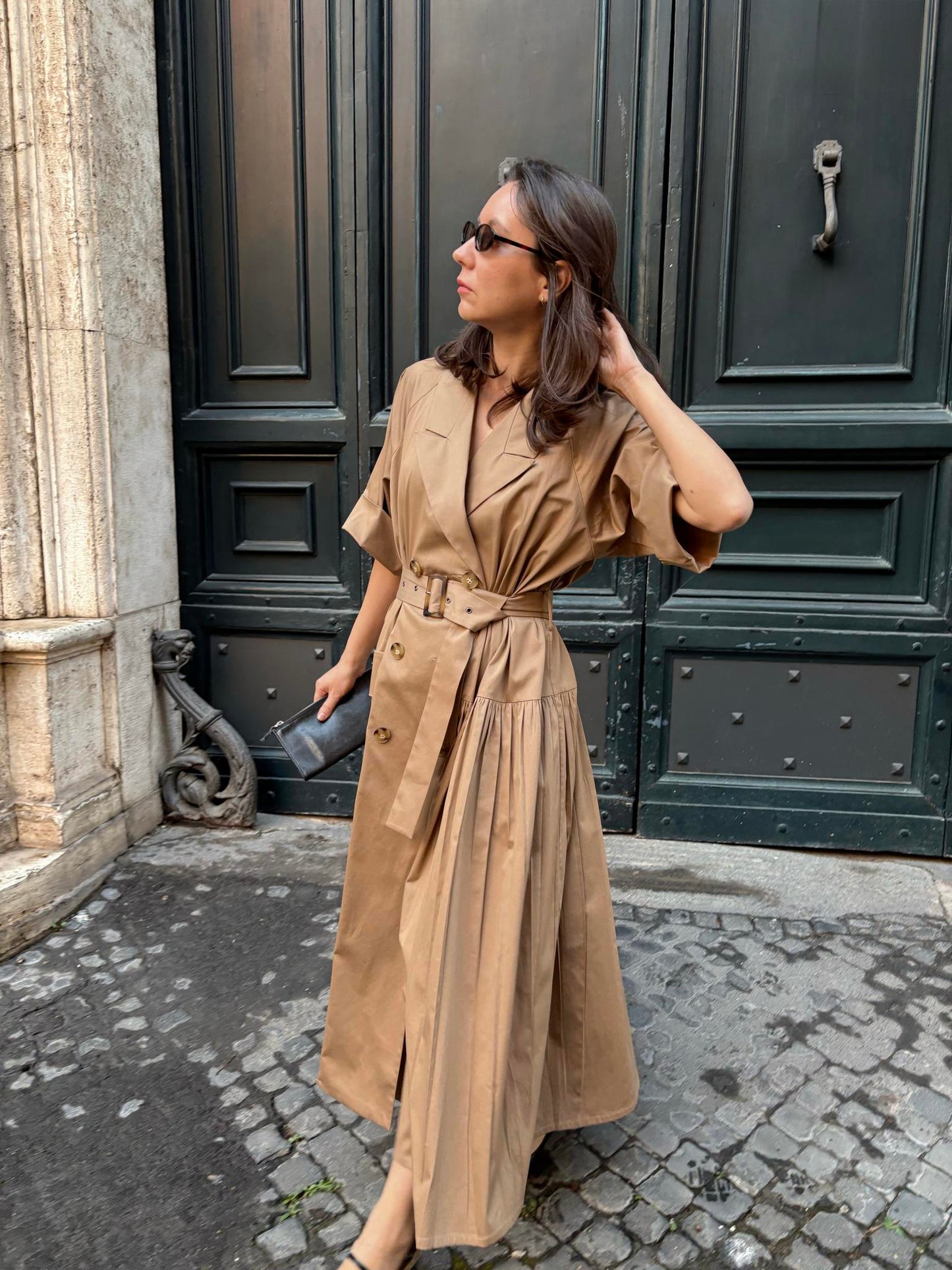 Asymmetrical beige trench coat dress