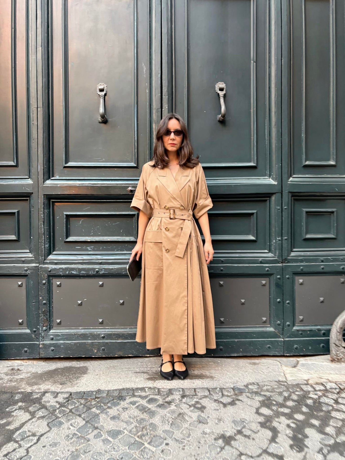 Asymmetrical beige trench coat dress