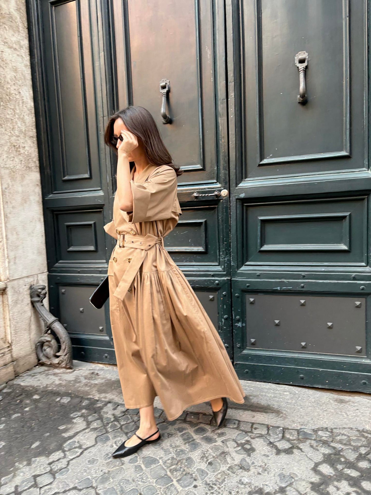 Asymmetrical beige trench coat dress