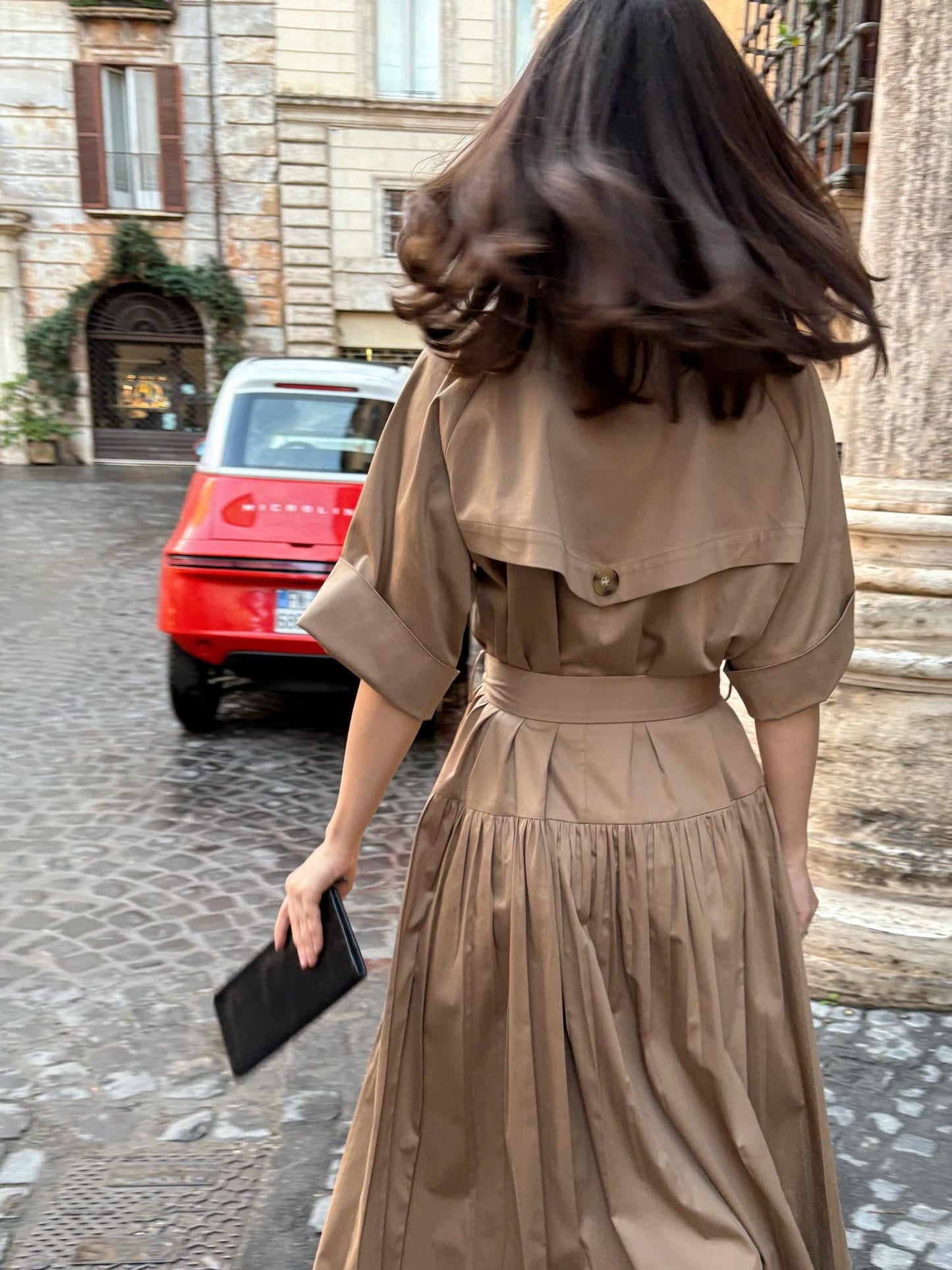 Asymmetrical beige trench coat dress