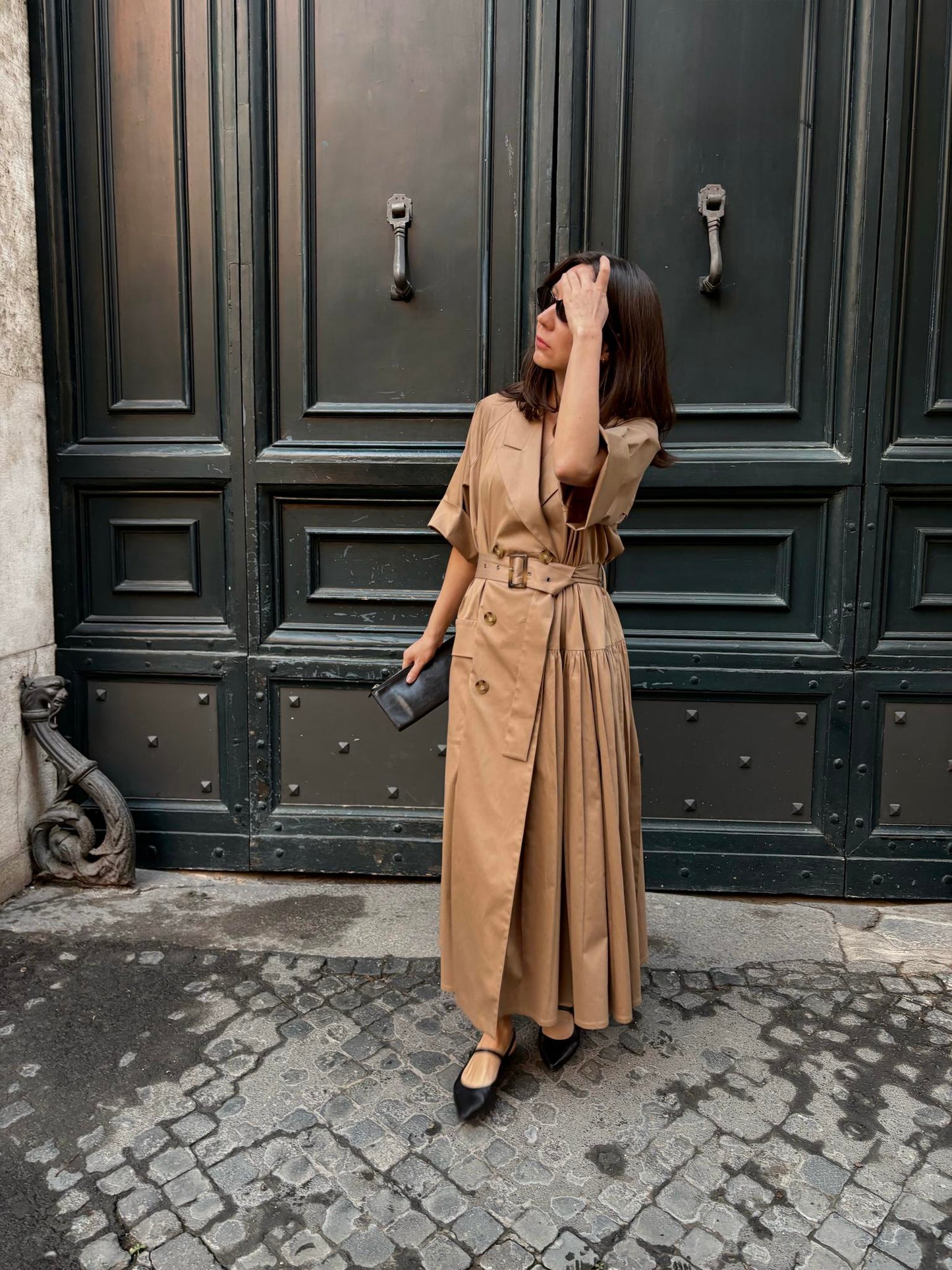 Asymmetrical beige trench coat dress