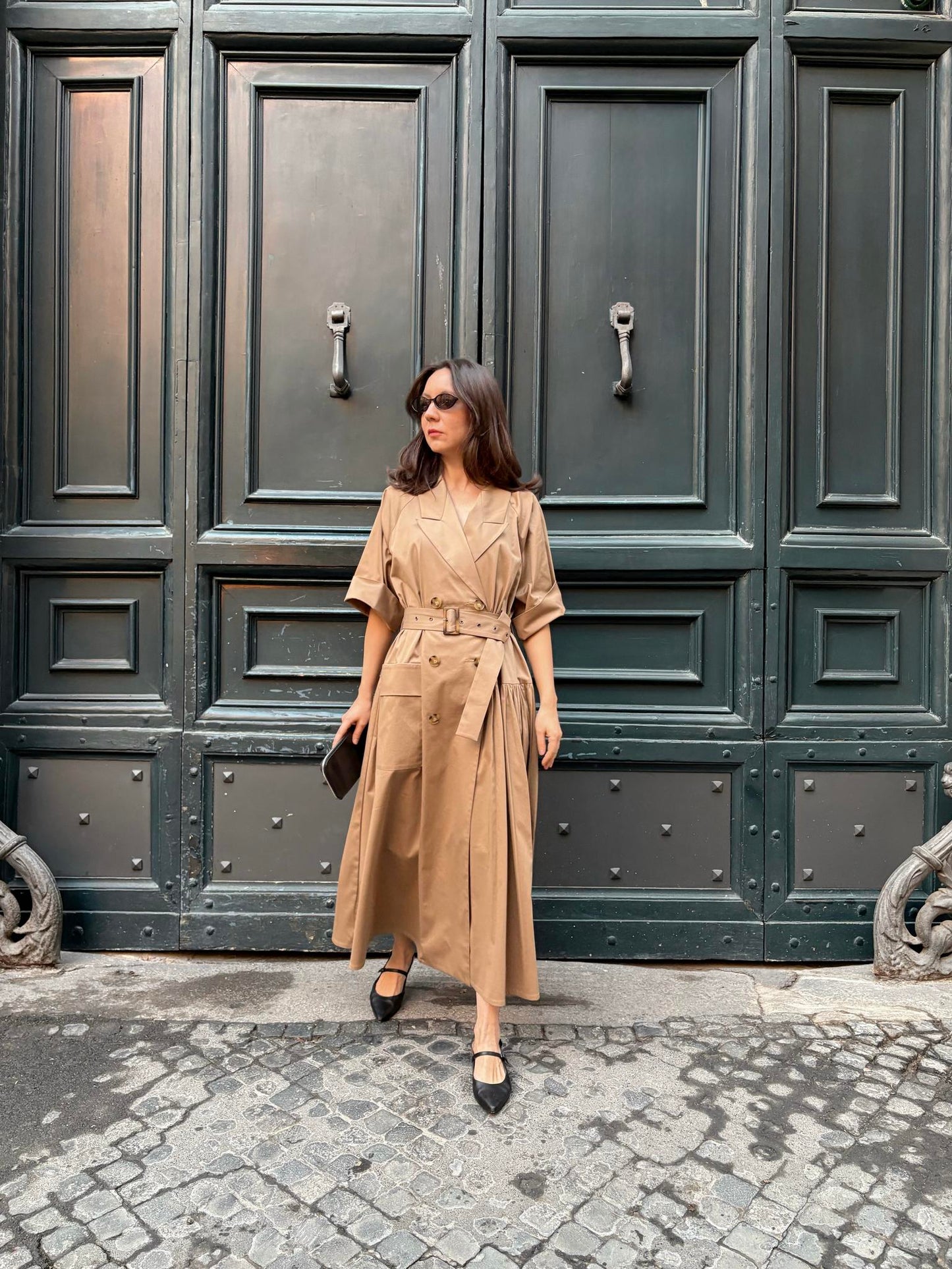 Asymmetrical beige trench coat dress