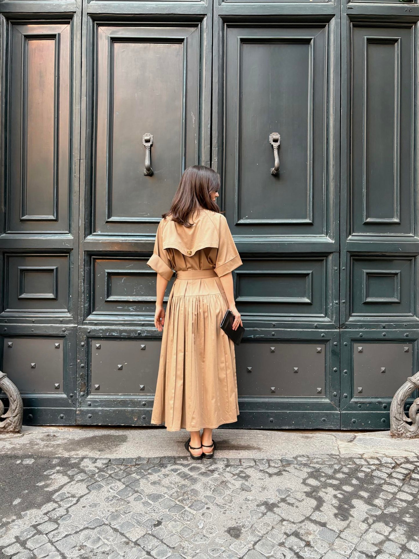 Asymmetrical beige trench coat dress