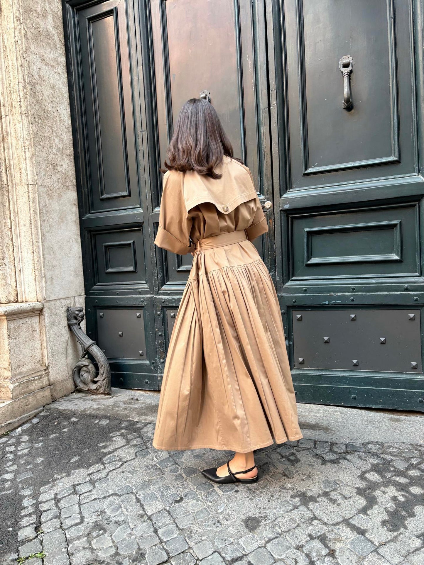 Asymmetrical beige trench coat dress