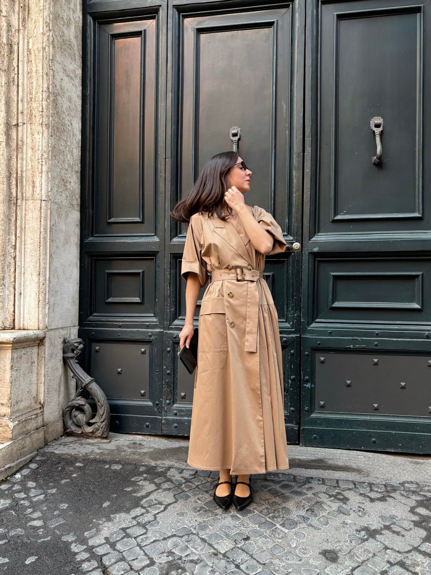 Asymmetrical beige trench coat dress