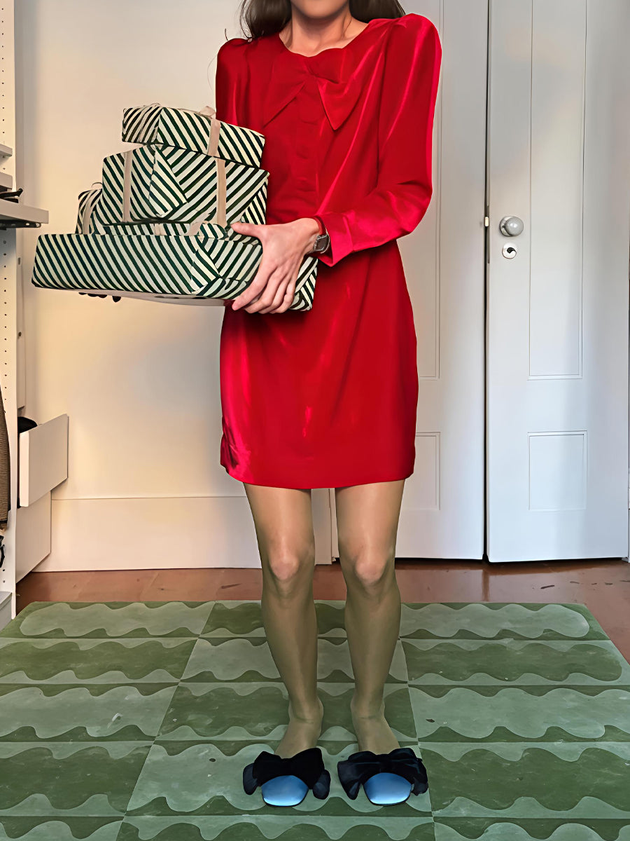 Bow Long Sleeve Velvet Mini Dress