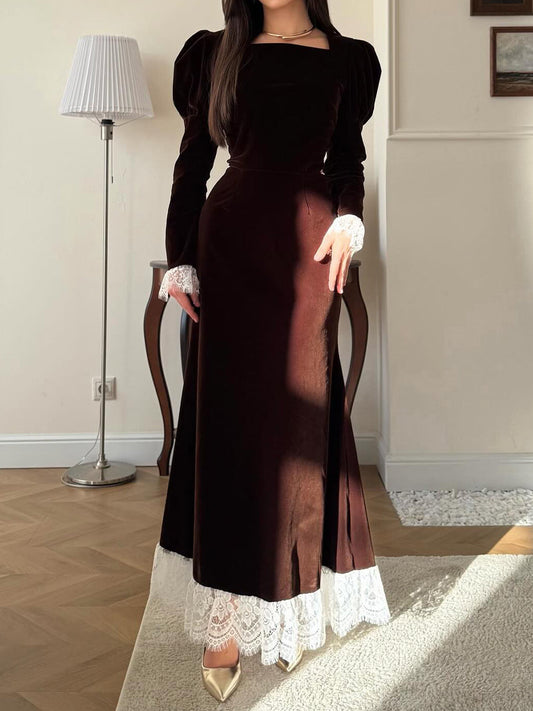 Elegant Lace Patchwork Velvet Back Strap Maxi Dress