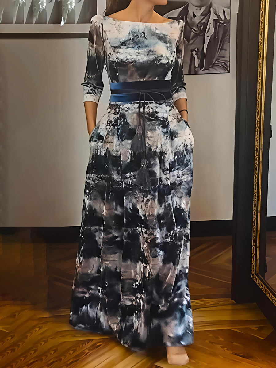 Elegant Printed Belted Long Sleeve Dress