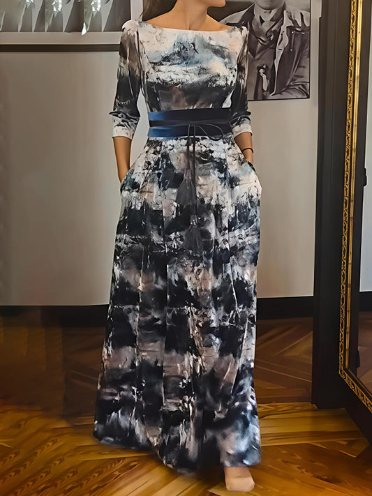 Elegant Printed Belted Long Sleeve Dress