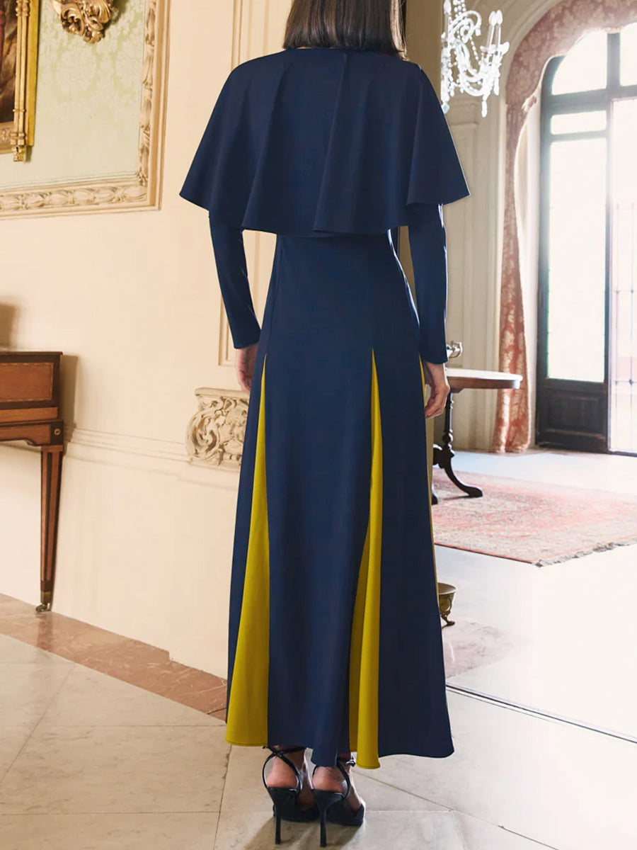 Color Black V Neck Long Sleeve Cape Dress