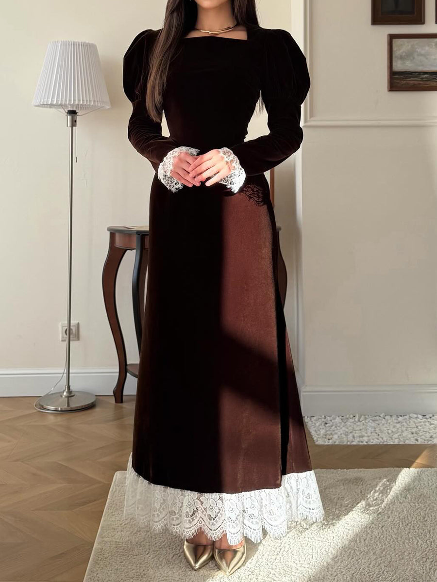 Elegant Lace Patchwork Velvet Back Strap Maxi Dress