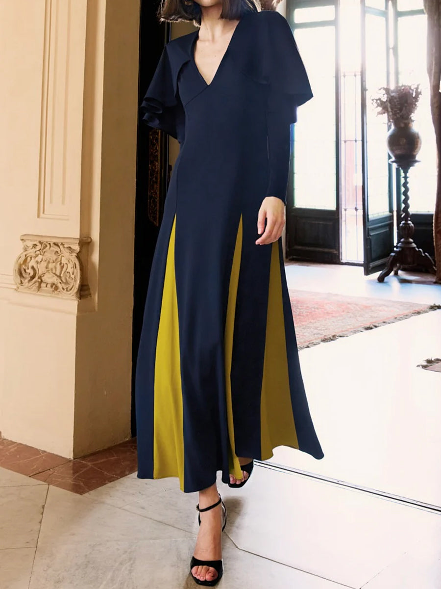 Color Black V Neck Long Sleeve Cape Dress