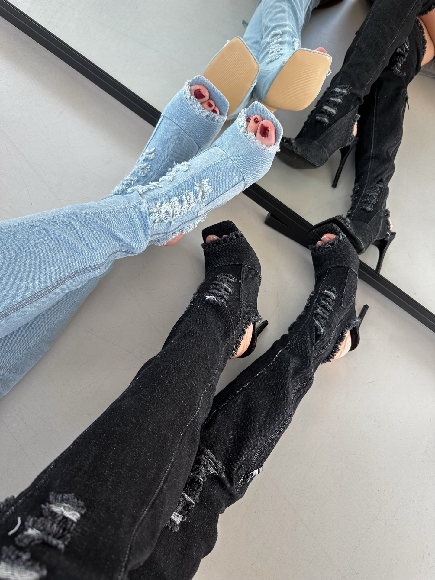Distressed denim over-the-knee boots