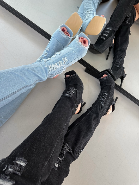 Distressed denim over-the-knee boots