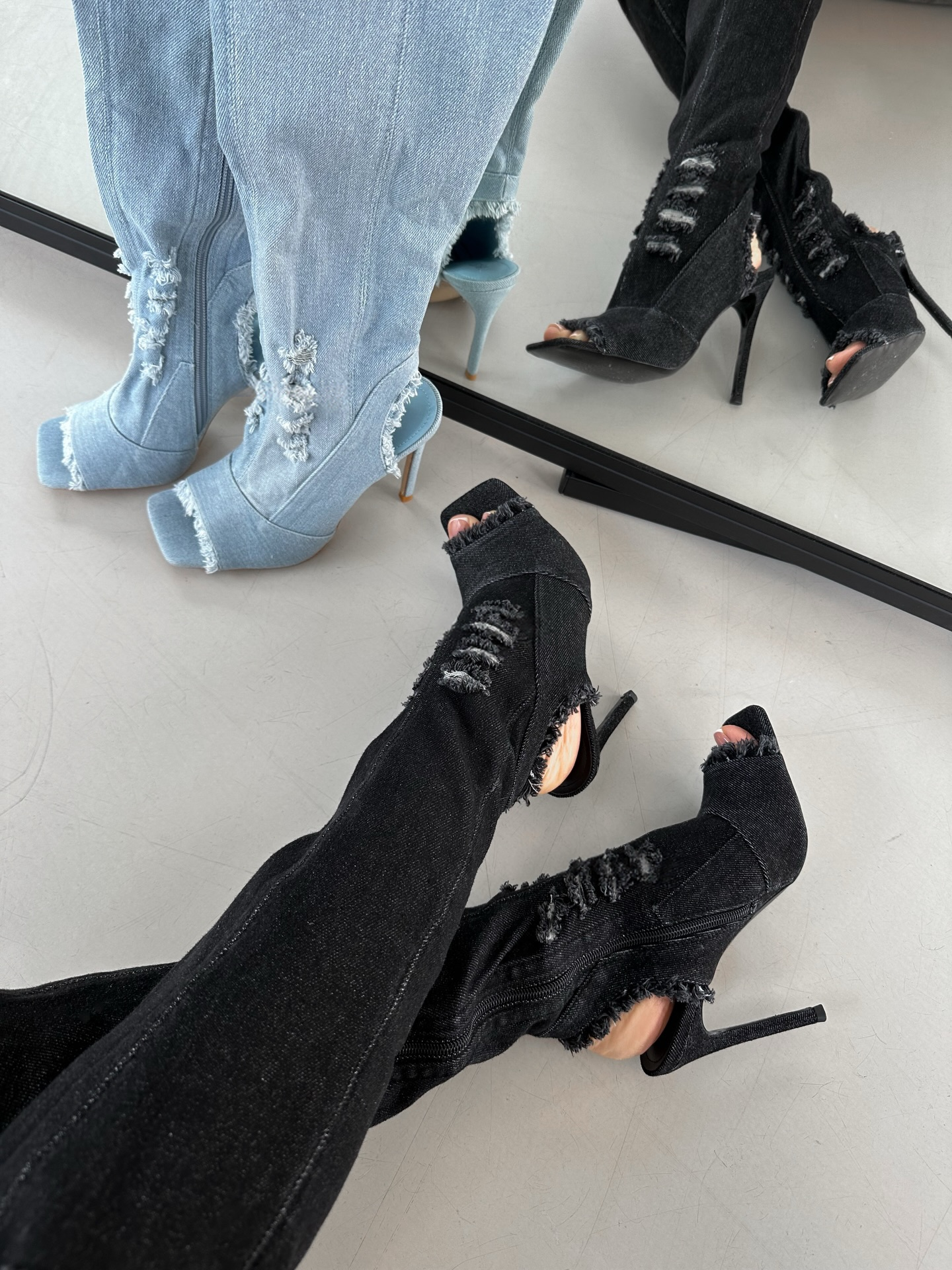 Distressed denim over-the-knee boots