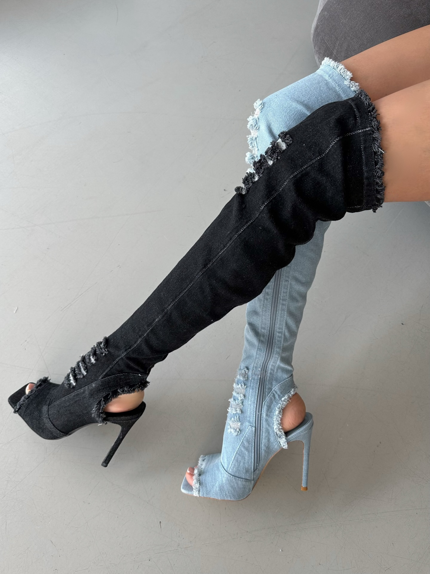 Distressed denim over-the-knee boots