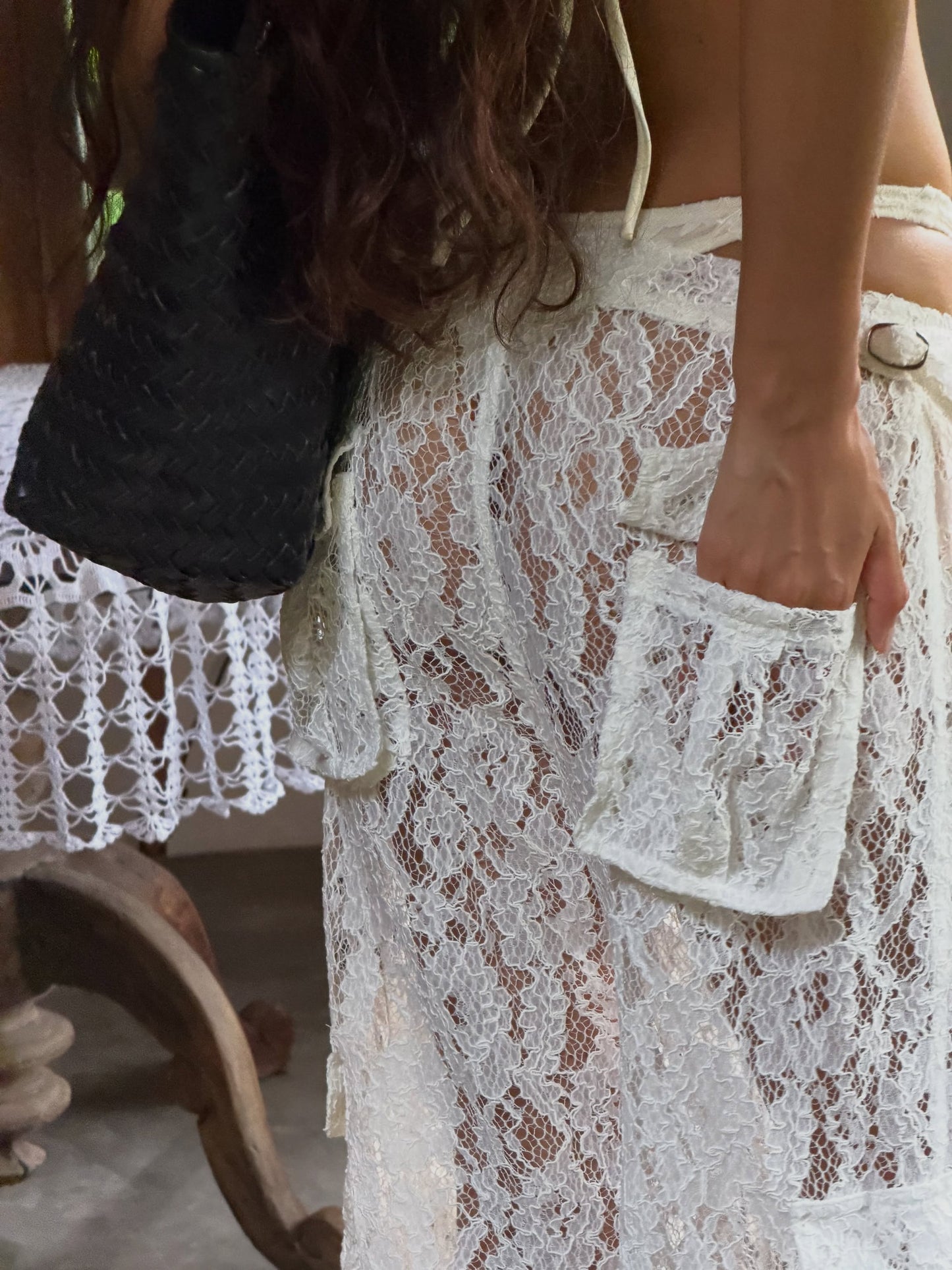 White Lace Pleated Cargo Pants