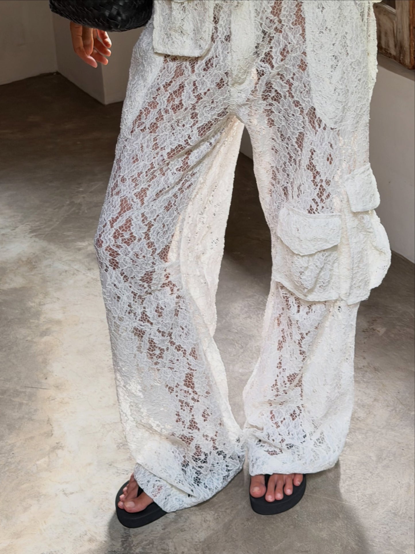 White Lace Pleated Cargo Pants
