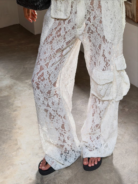 White Lace Pleated Cargo Pants