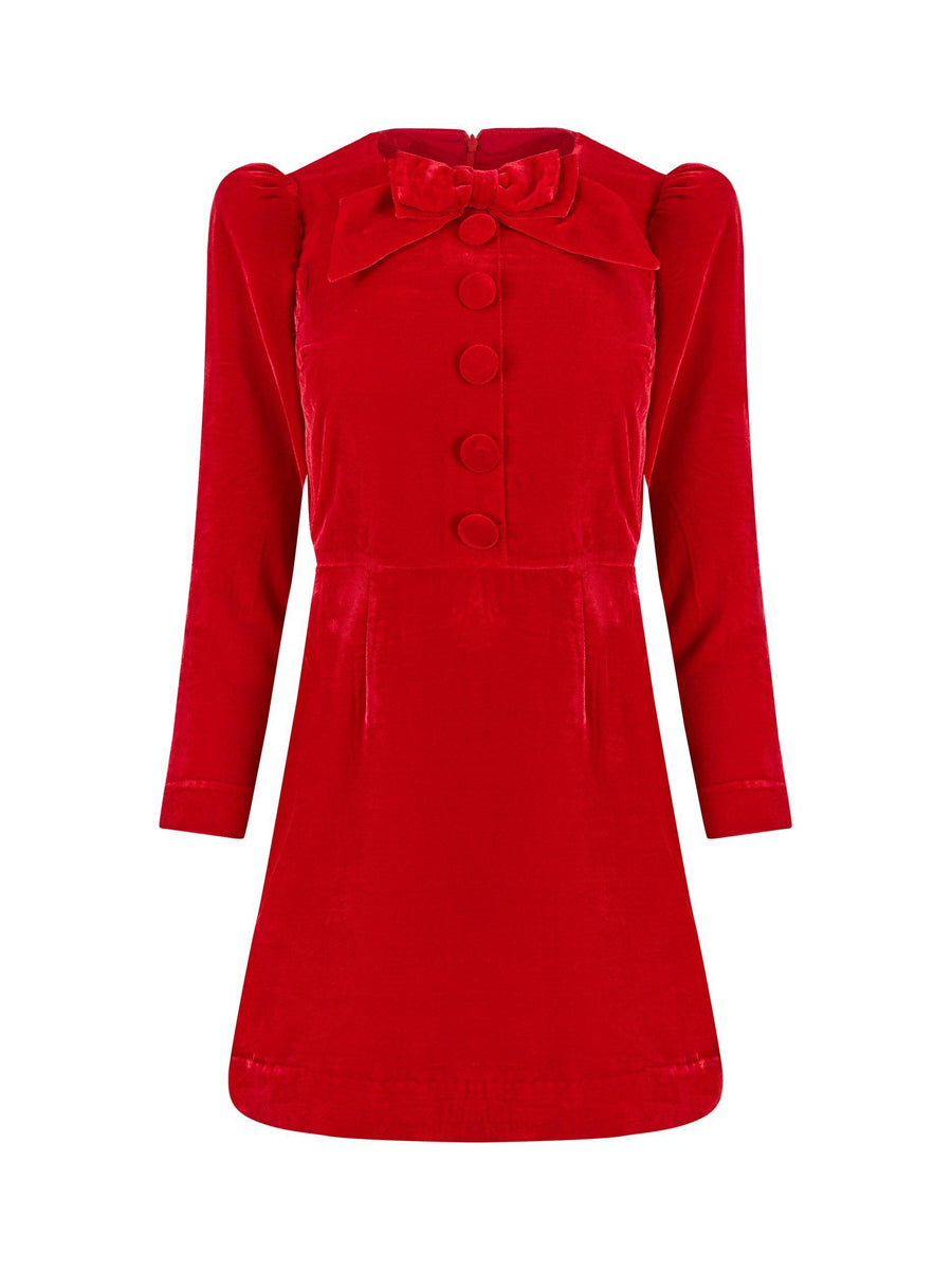 Bow Long Sleeve Velvet Mini Dress