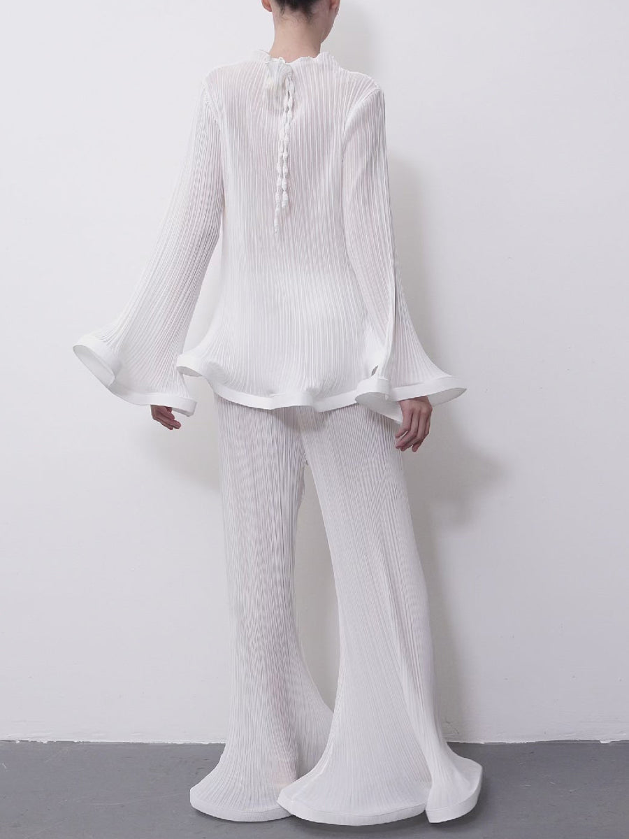 Elegant Pleated Flared Tirm Two Pieces Set