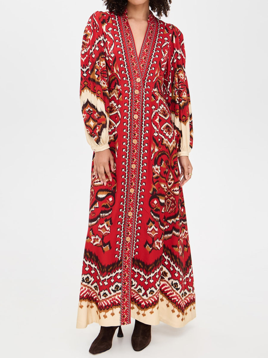 Printed Puff Sleeves V Neck Maxi Dress