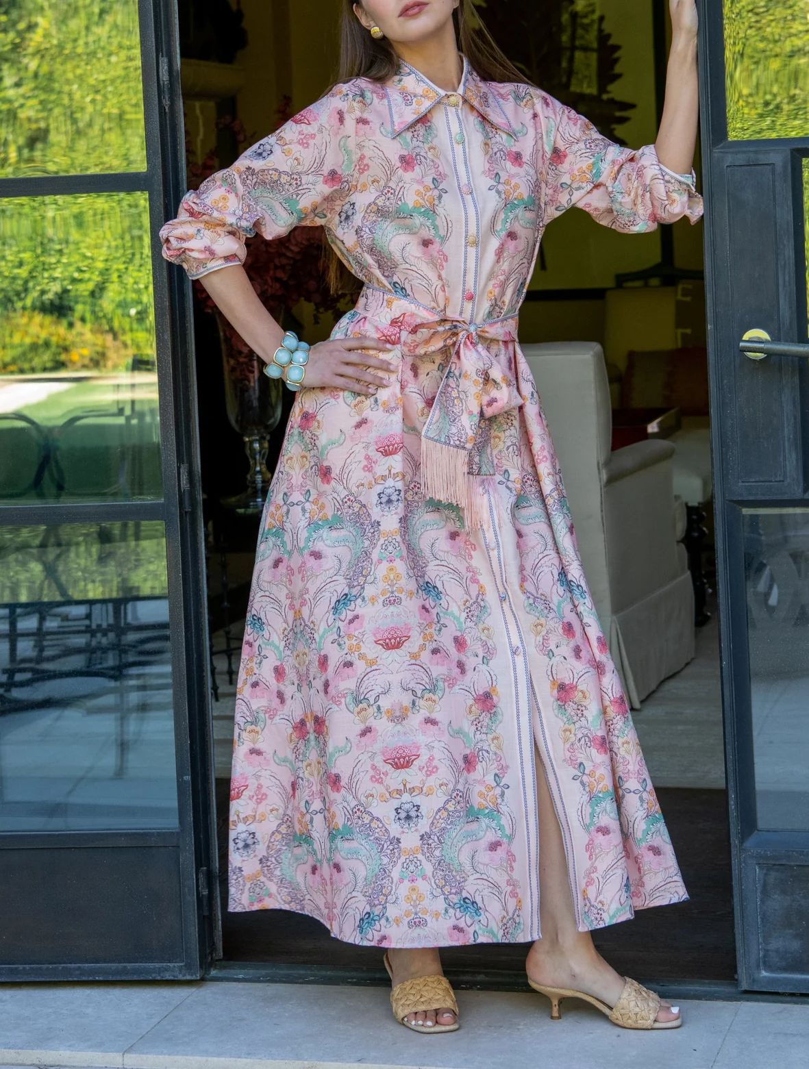 Long Sleeve Floral Maxi Dress with Belted Fringe Waist