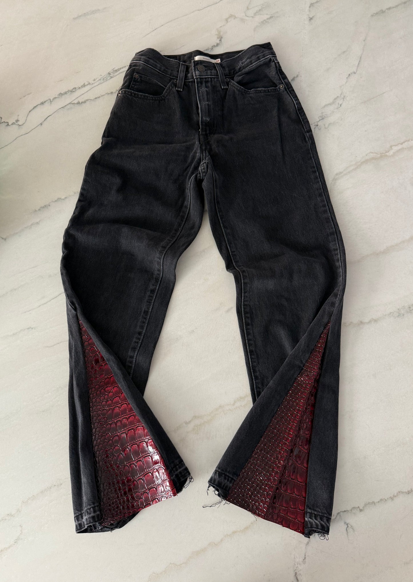 Leather-Paneled Flared Jeans