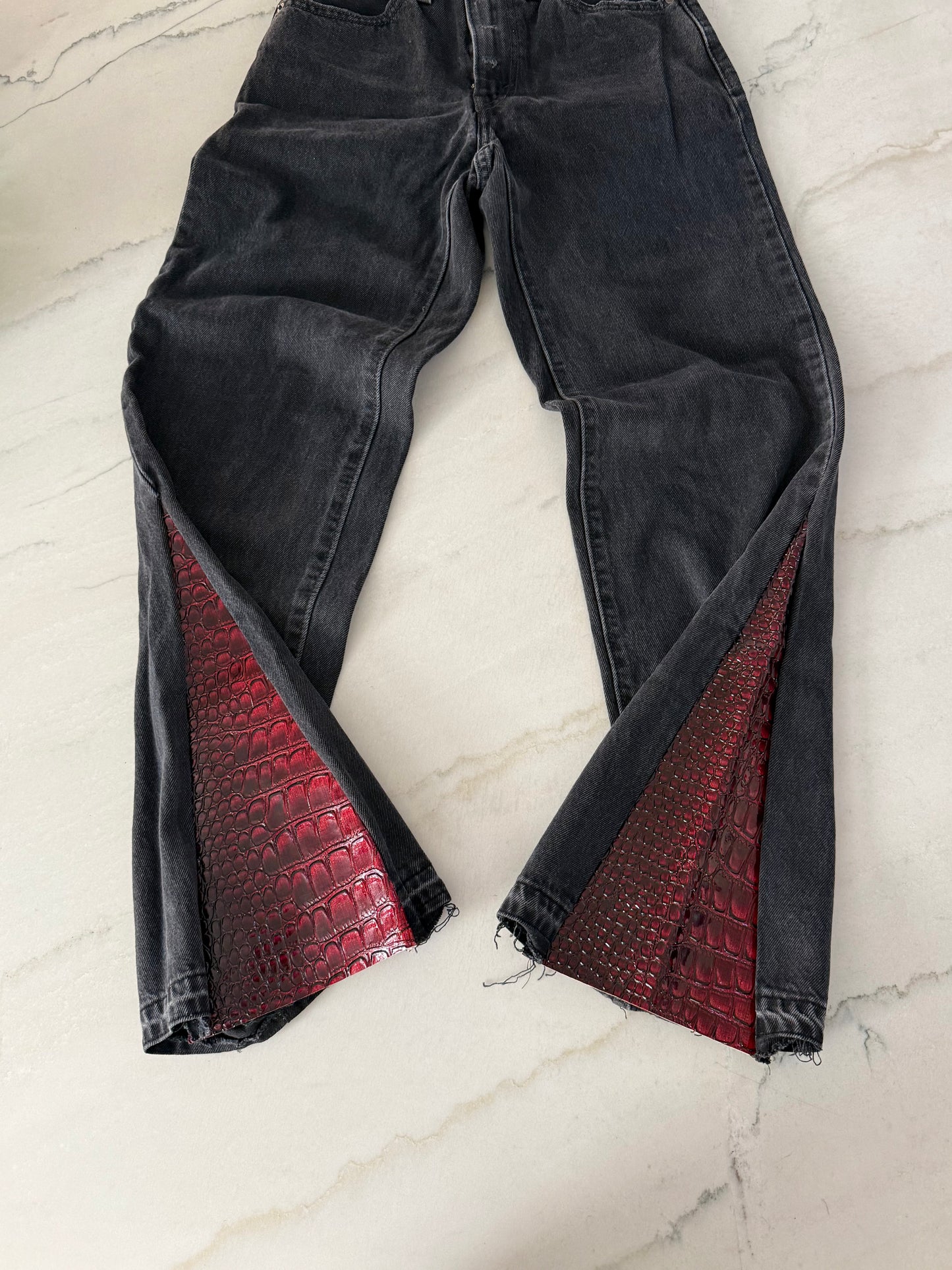 Leather-Paneled Flared Jeans