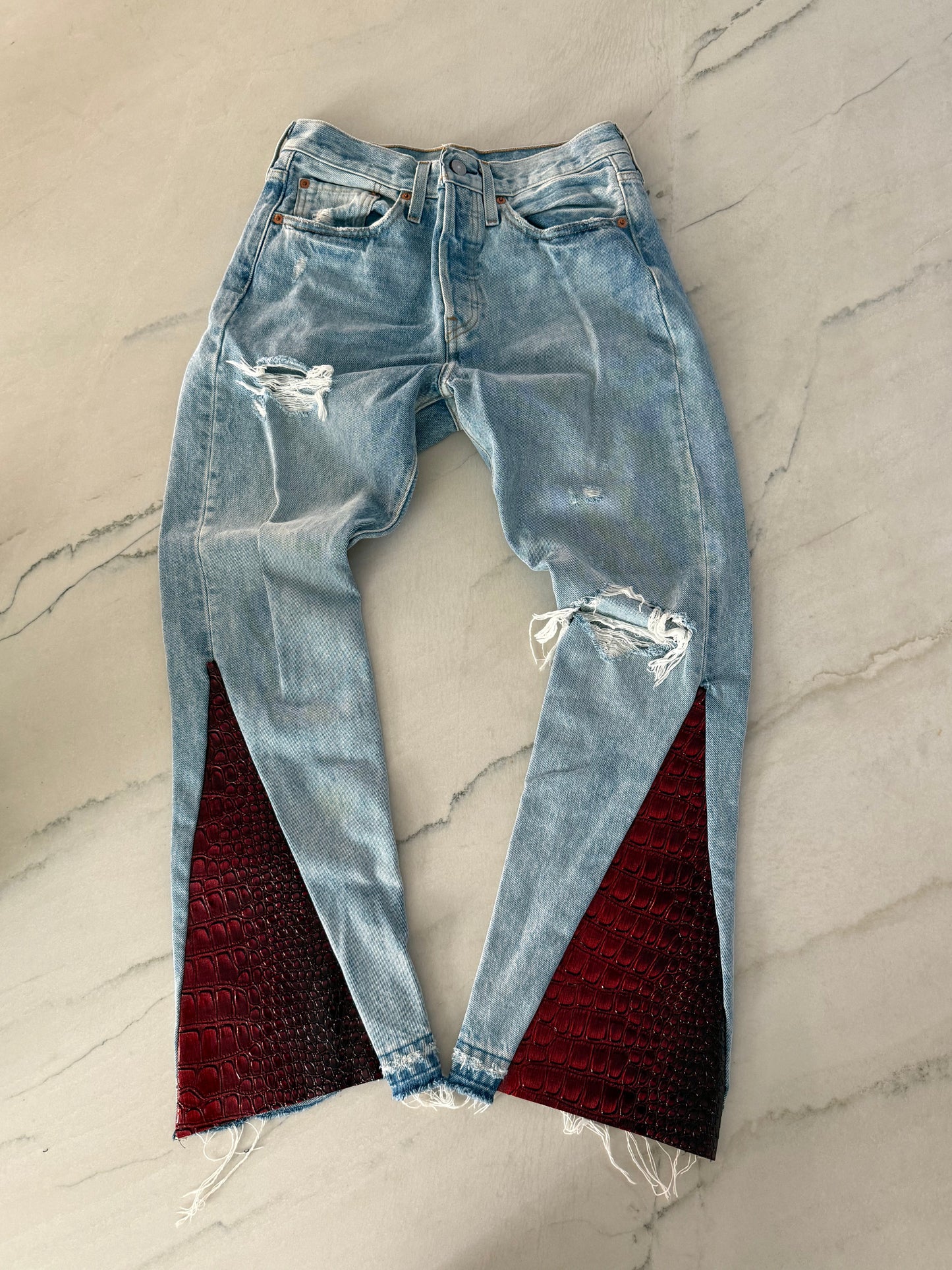 Leather-Paneled Flared Jeans