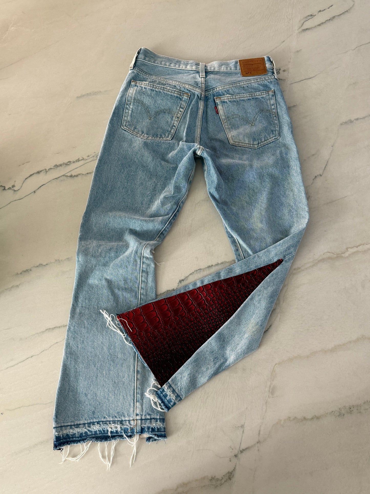 Leather-Paneled Flared Jeans