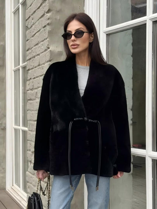 Patchwork women's wool coat with Arctic fox fur