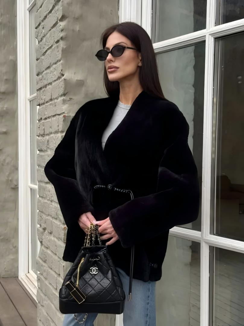 Patchwork women's wool coat with Arctic fox fur